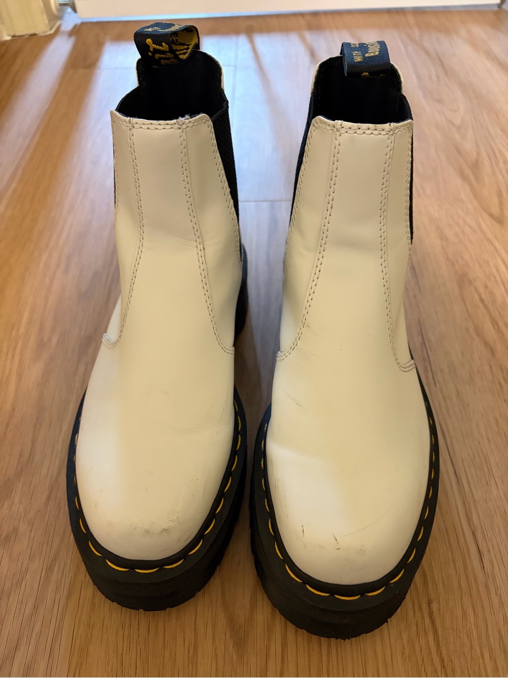 Dr. Martens White Chelsea Platform Boots with Yellow Stitching